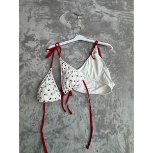 Wild Fable Cherry Embroidered Bikini Top Set White Red Triangle Wrap XL L 1292